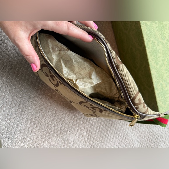 GUCCI Monogram Jumbo GG Textured Dollar Calfskin Web Belt Bag - Picture 12 of 16